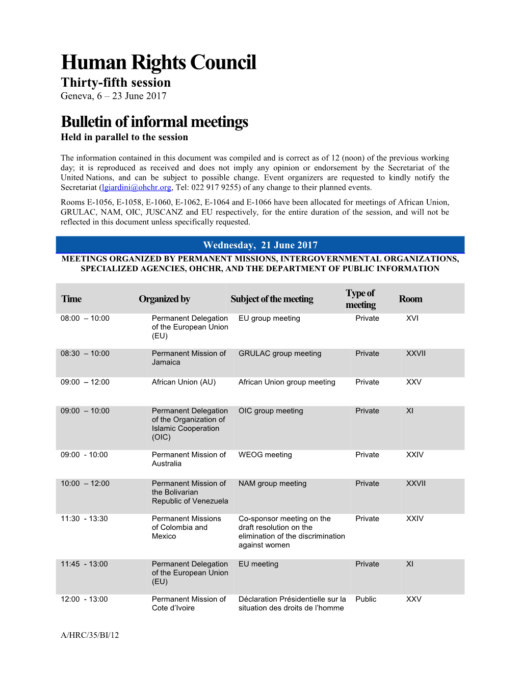 Bulletin of Informal Meetings. Wednesday 21 June 2017