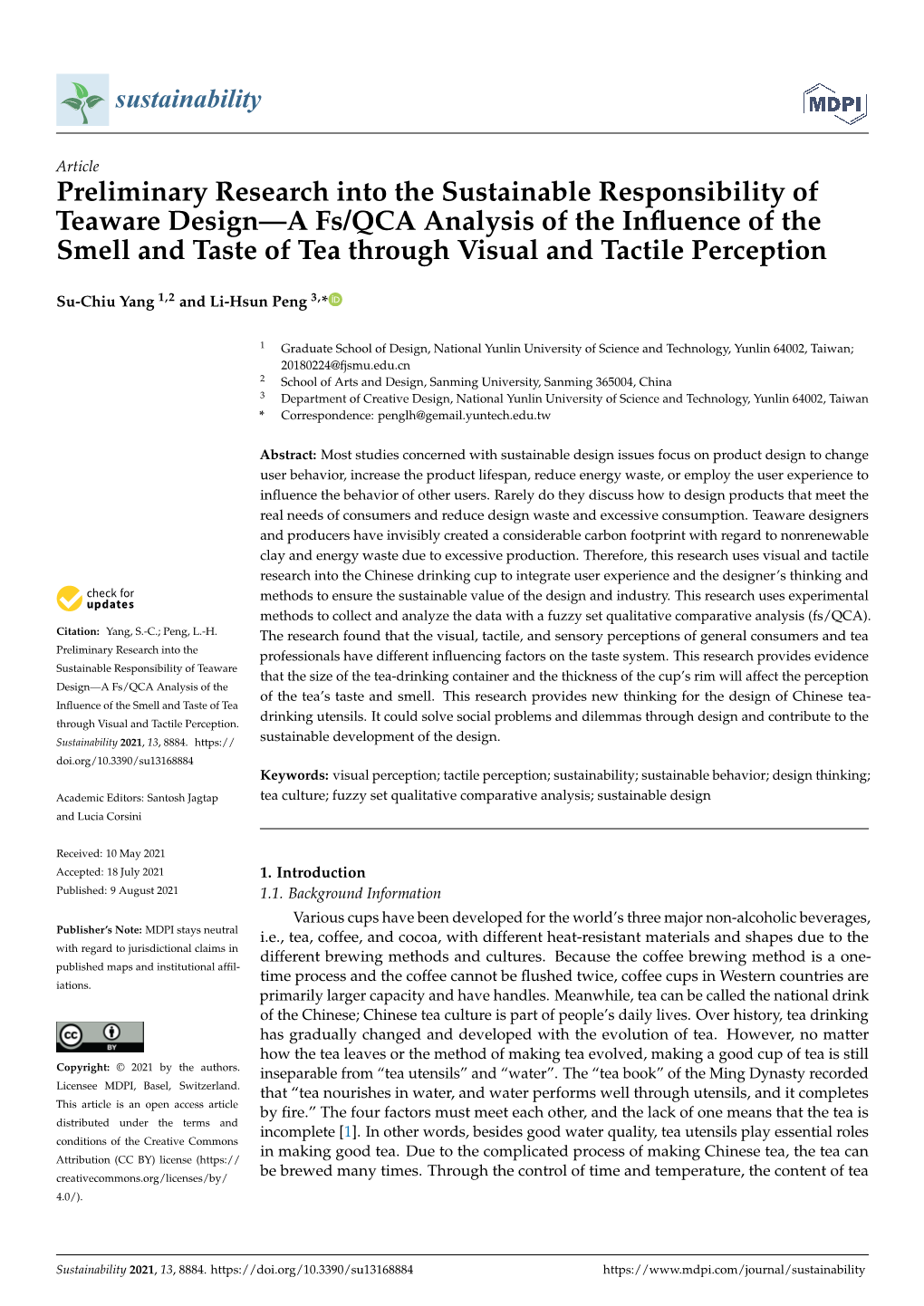 Preliminary Research Into the Sustainable Responsibility of Teaware Design—A Fs/QCA Analysis of the Influence of the Smell