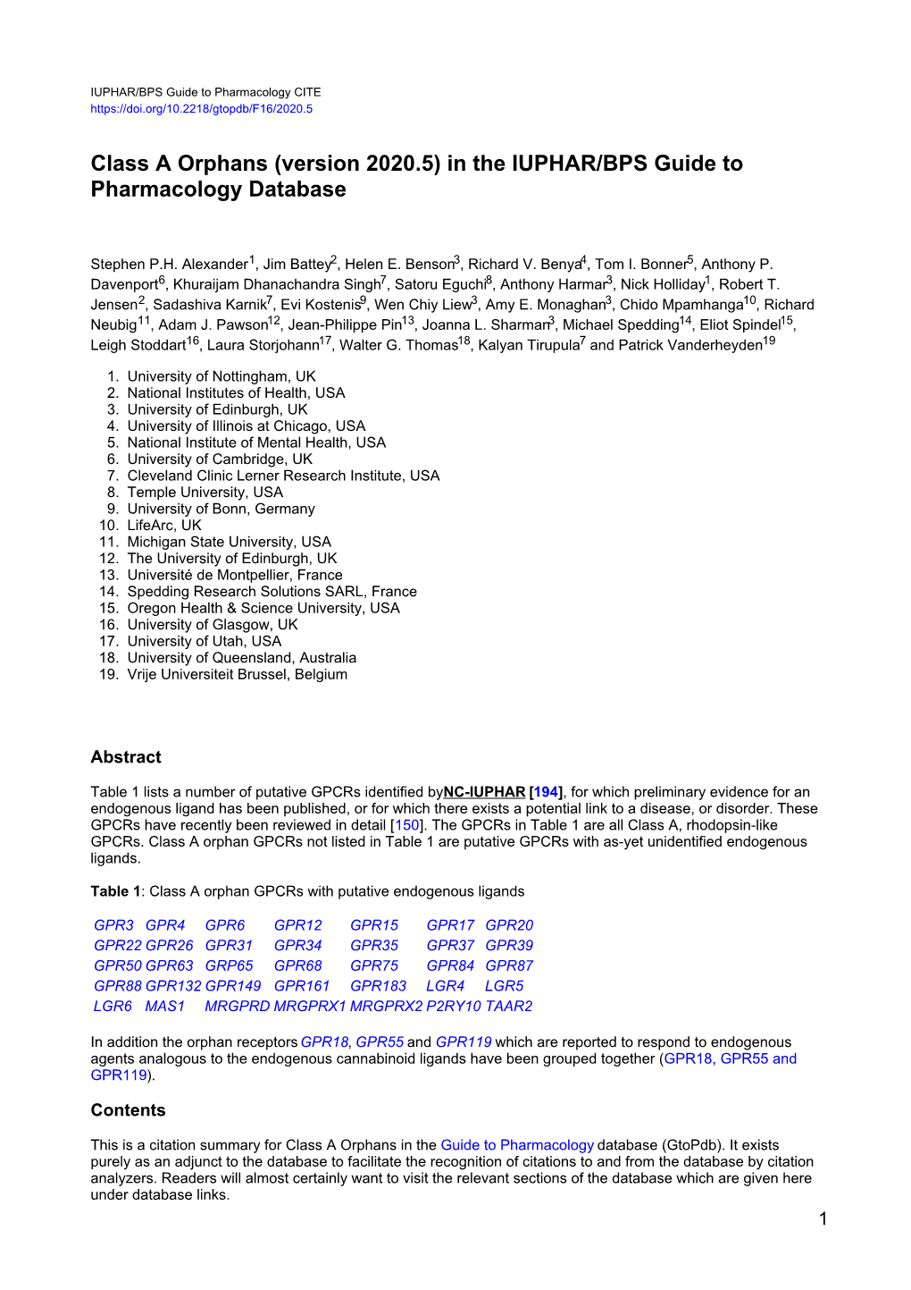 Class a Orphans (Version 2020.5) in the IUPHAR/BPS Guide to Pharmacology Database