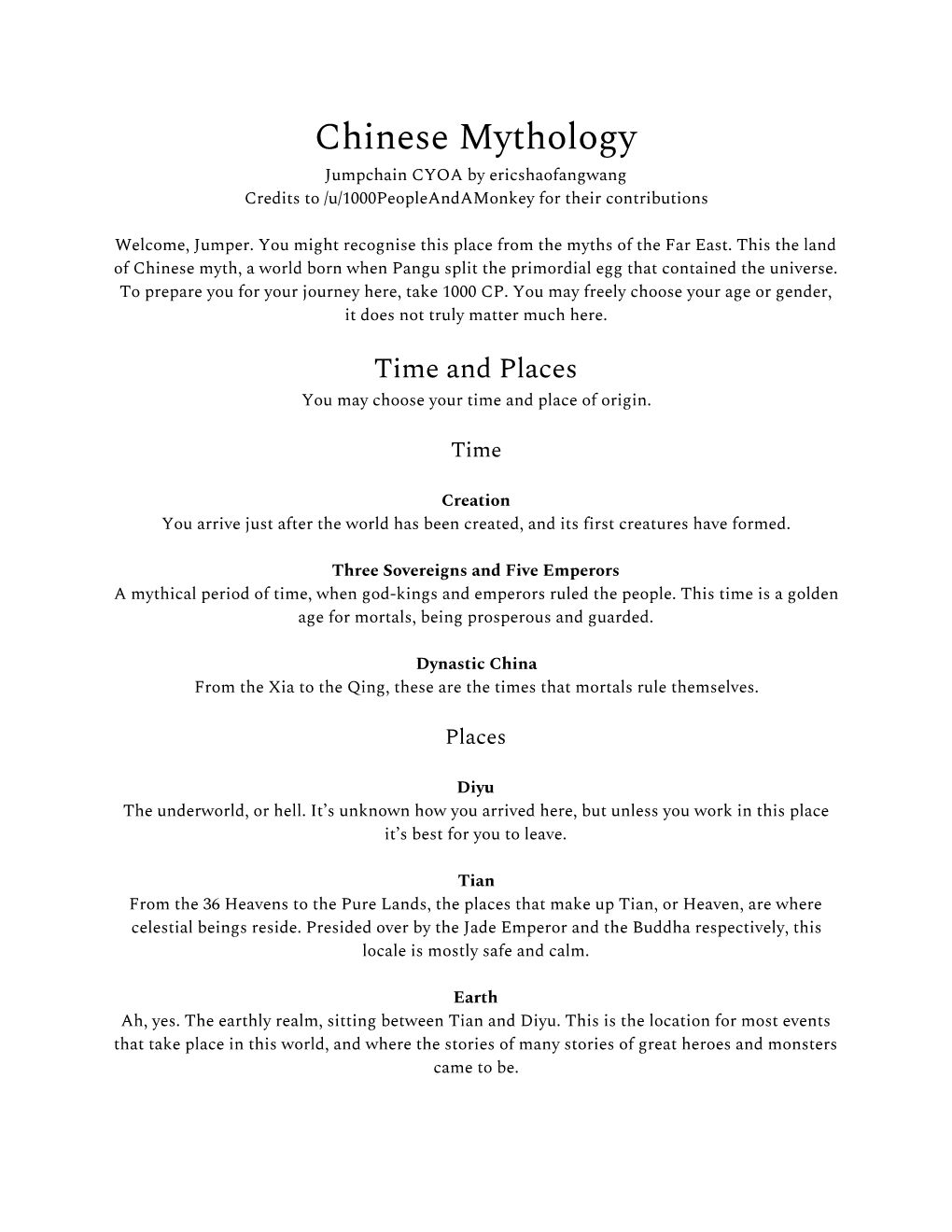 Chinese Mythology Jumpchain CYOA by Ericshaofangwang Credits to /U/1000Peopleandamonkey for Their Contributions