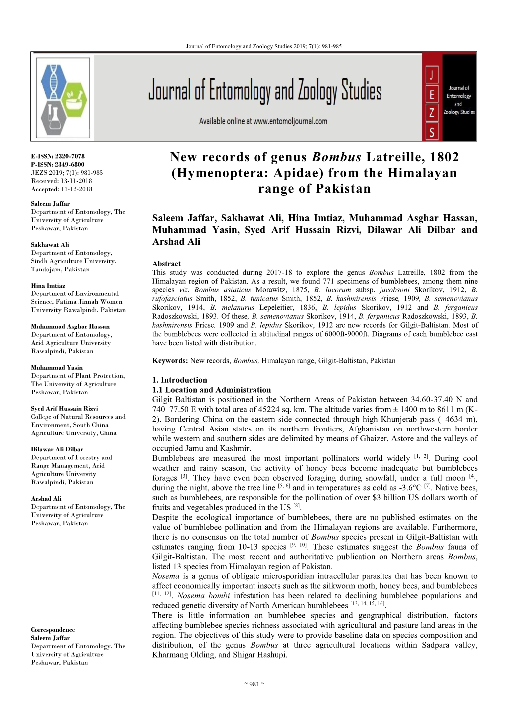 Hymenoptera: Apidae) from the Himalayan Received: 13-11-2018 Accepted: 17-12-2018 Range of Pakistan