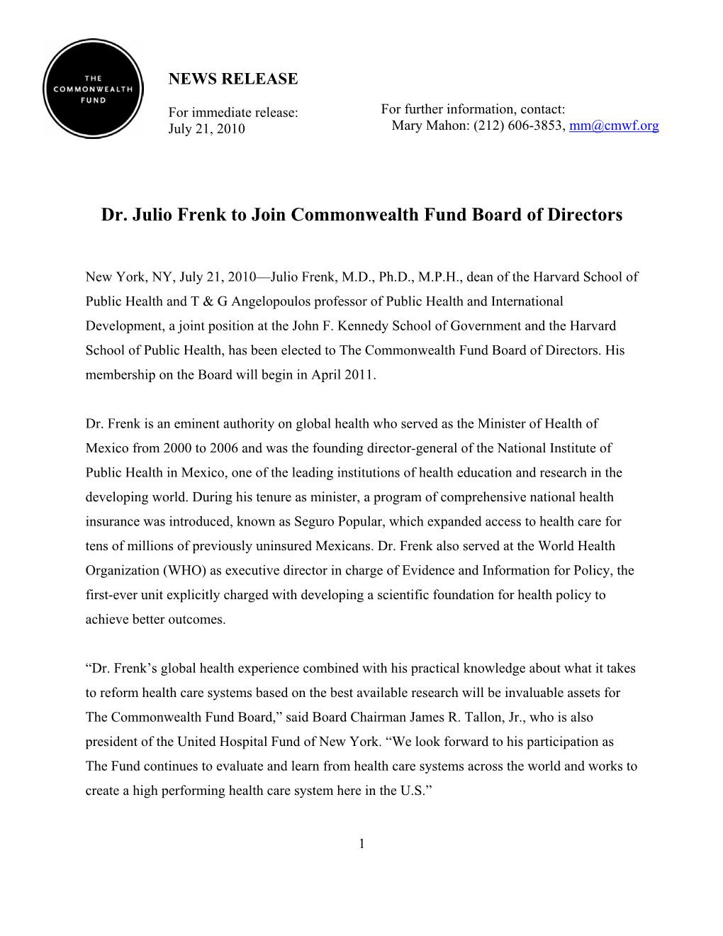 Dr. Julio Frenk to Join Commonwealth Fund Board of Directors