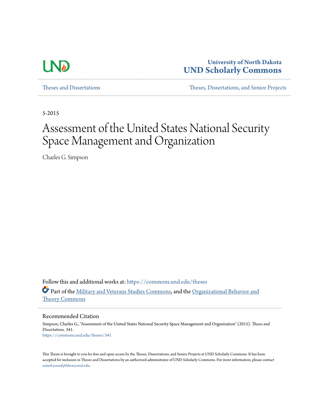 Assessment of the United States National Security Space Management and Organization Charles G