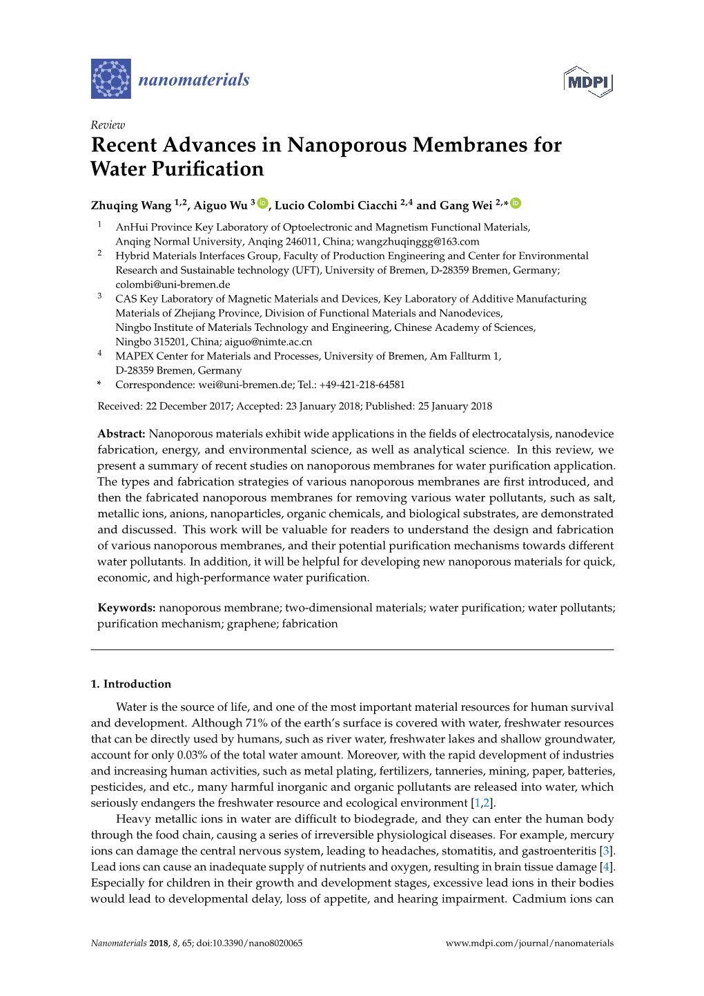 Recent Advances in Nanoporous Membranes for Water Purification