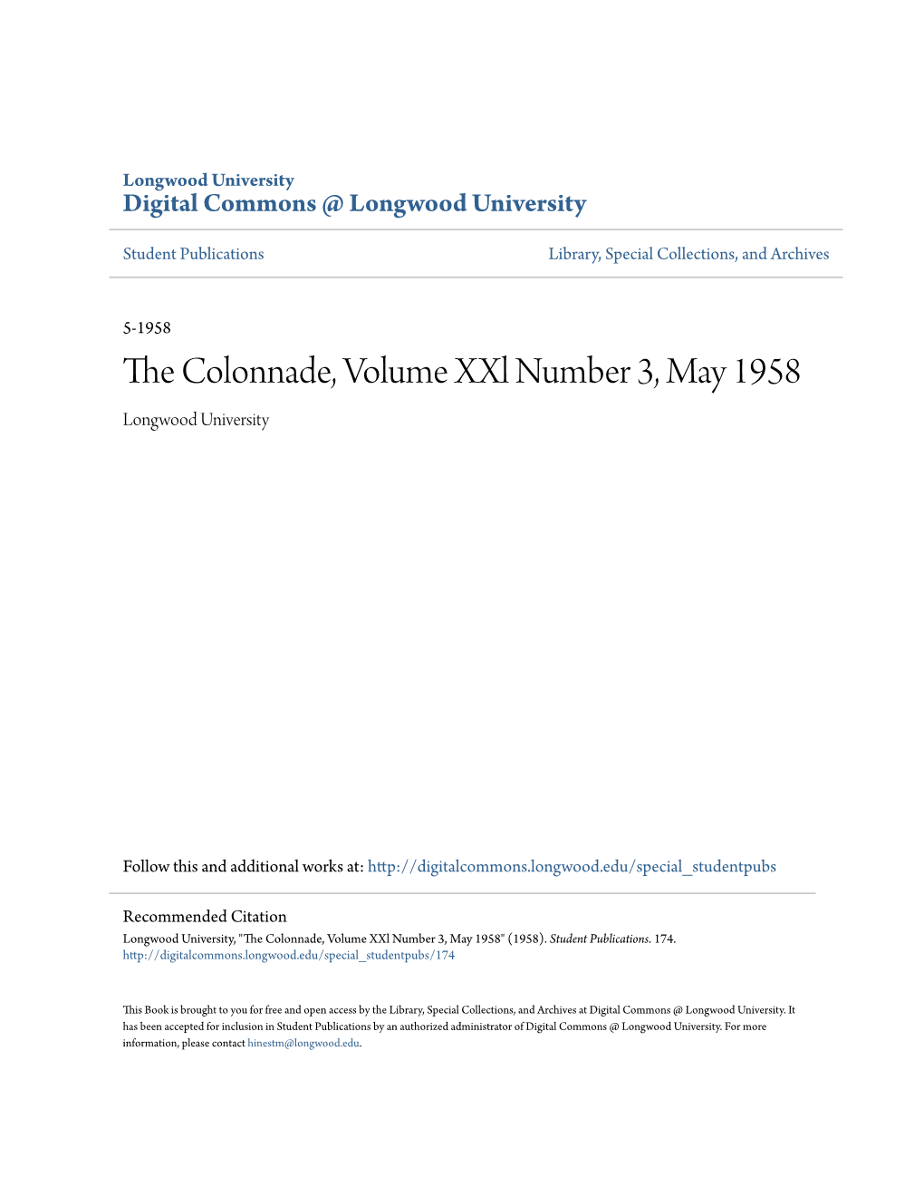 The Colonnade, Volume Xxl Number 3, May 1958