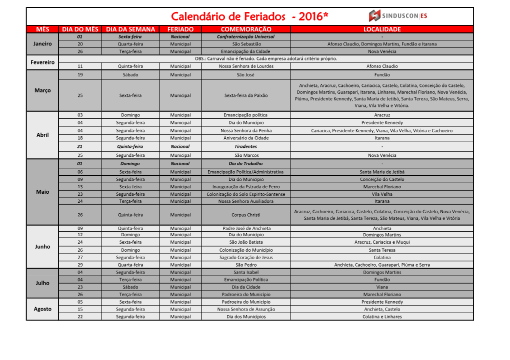 Calendário De Feriados