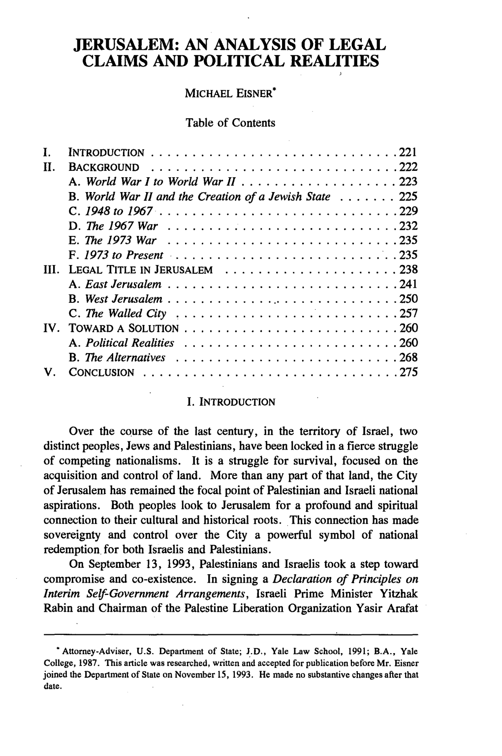 Jerusalem: an Analysis of Legal Claims and Political Realities