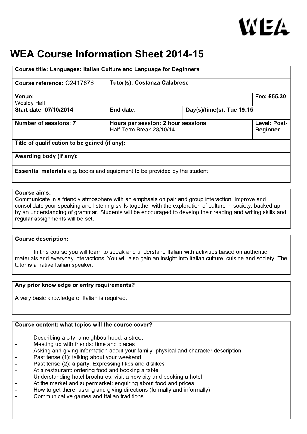 WEA Course Information Sheet 2014-15