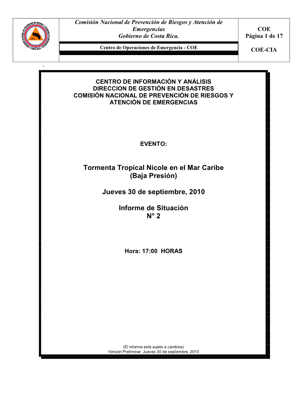 Jueves 30 De Septiembre, 2010 Informe De Situación N° 2