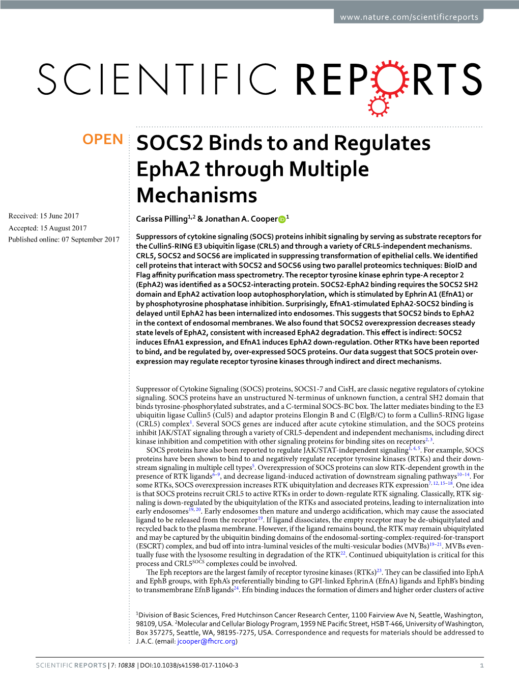 SOCS2 Binds to and Regulates Epha2 Through Multiple Mechanisms Received: 15 June 2017 Carissa Pilling1,2 & Jonathan A