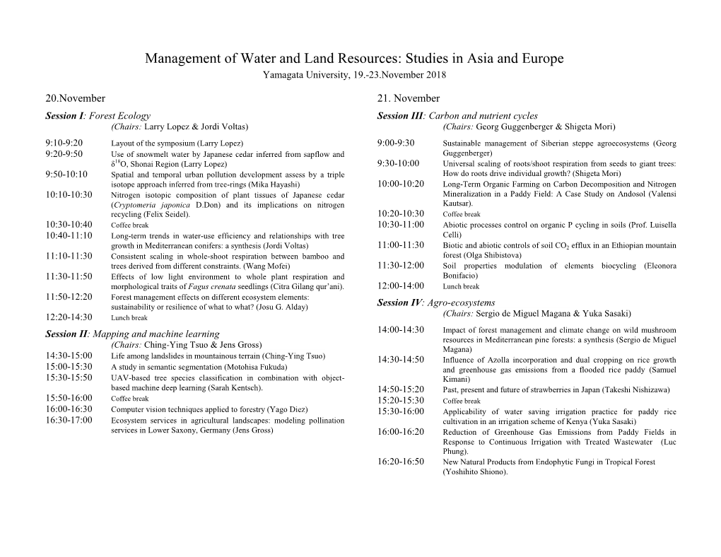 Management of Water and Land Resources: Studies in Asia and Europe Yamagata University, 19.-23.November 2018