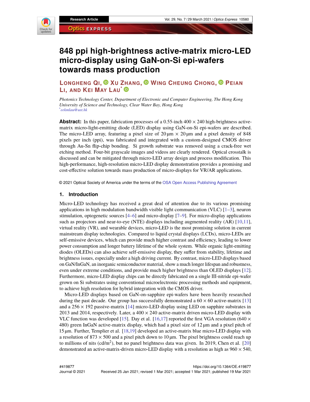 848 Ppi High-Brightness Active-Matrix Micro-LED Micro-Display Using Gan-On-Si Epi-Wafers Towards Mass Production