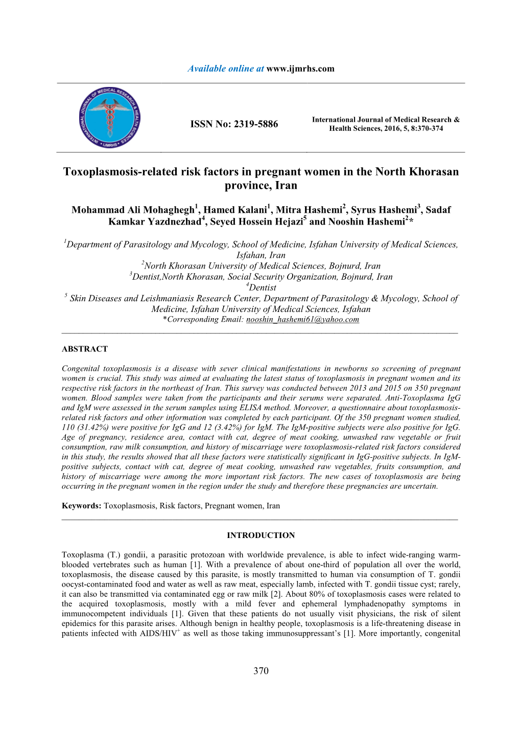 Toxoplasmosis-Related Risk Factors in Pregnant Women in the North Khorasan Province, Iran