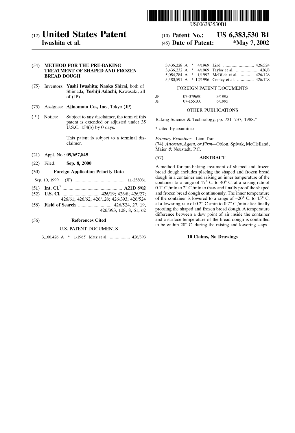 (12) United States Patent (10) Patent No.: US 6,383,530 B1 Iwashita Et Al