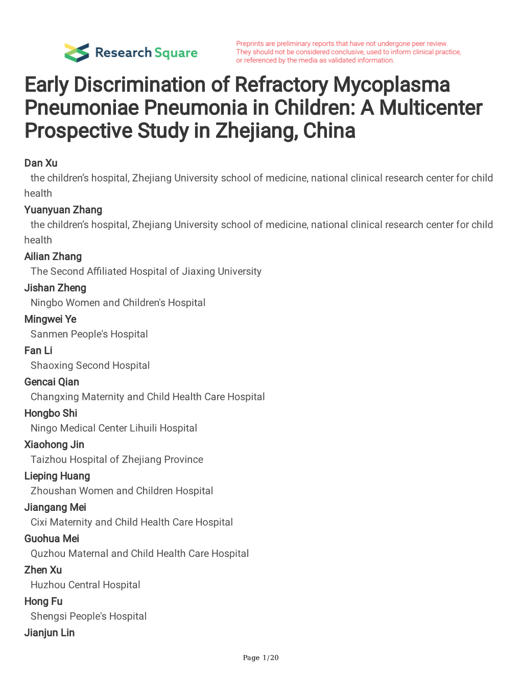 Early Discrimination of Refractory Mycoplasma Pneumoniae Pneumonia in Children: a Multicenter Prospective Study in Zhejiang, China