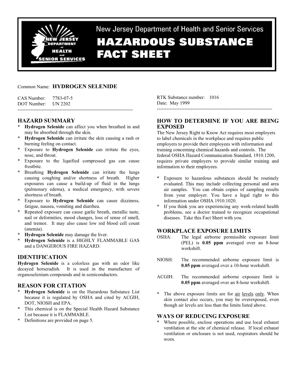 Hydrogen Selenide Hazard Summary Identification