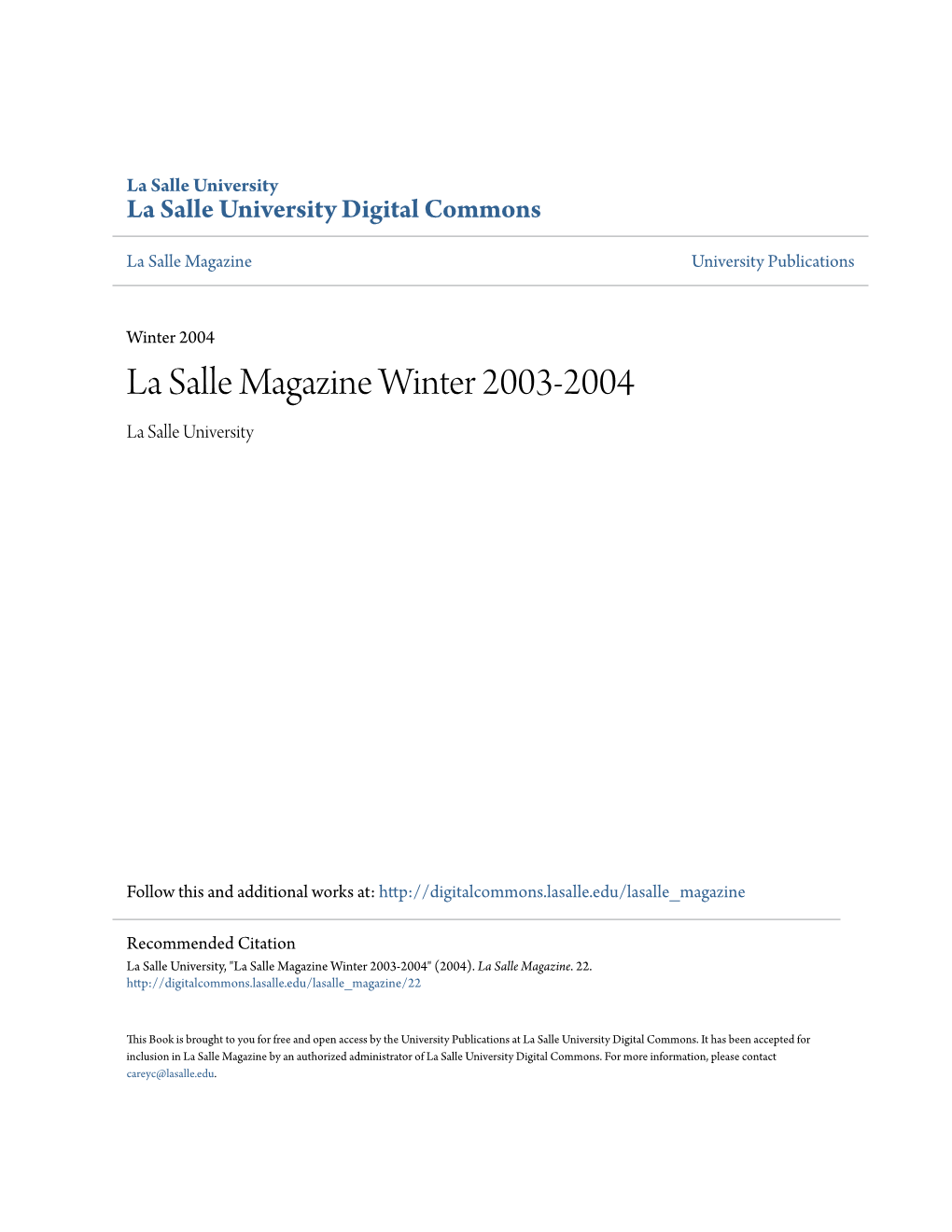 La Salle Magazine Winter 2003-2004 La Salle University