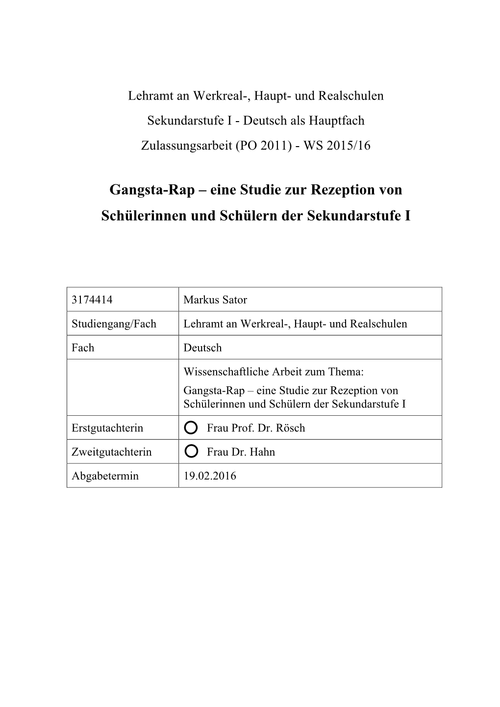 Gangsta-Rap – Eine Studie Zur Rezeption Von Schülerinnen Und Schülern Der Sekundarstufe I