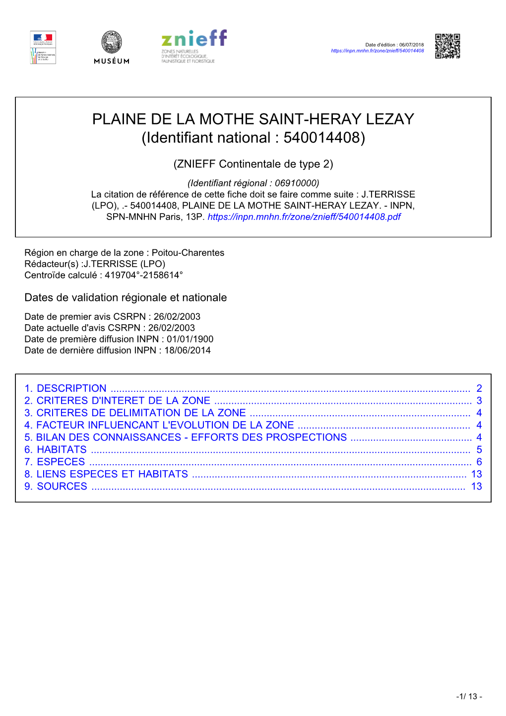 PLAINE DE LA MOTHE SAINT-HERAY LEZAY (Identifiant National : 540014408)