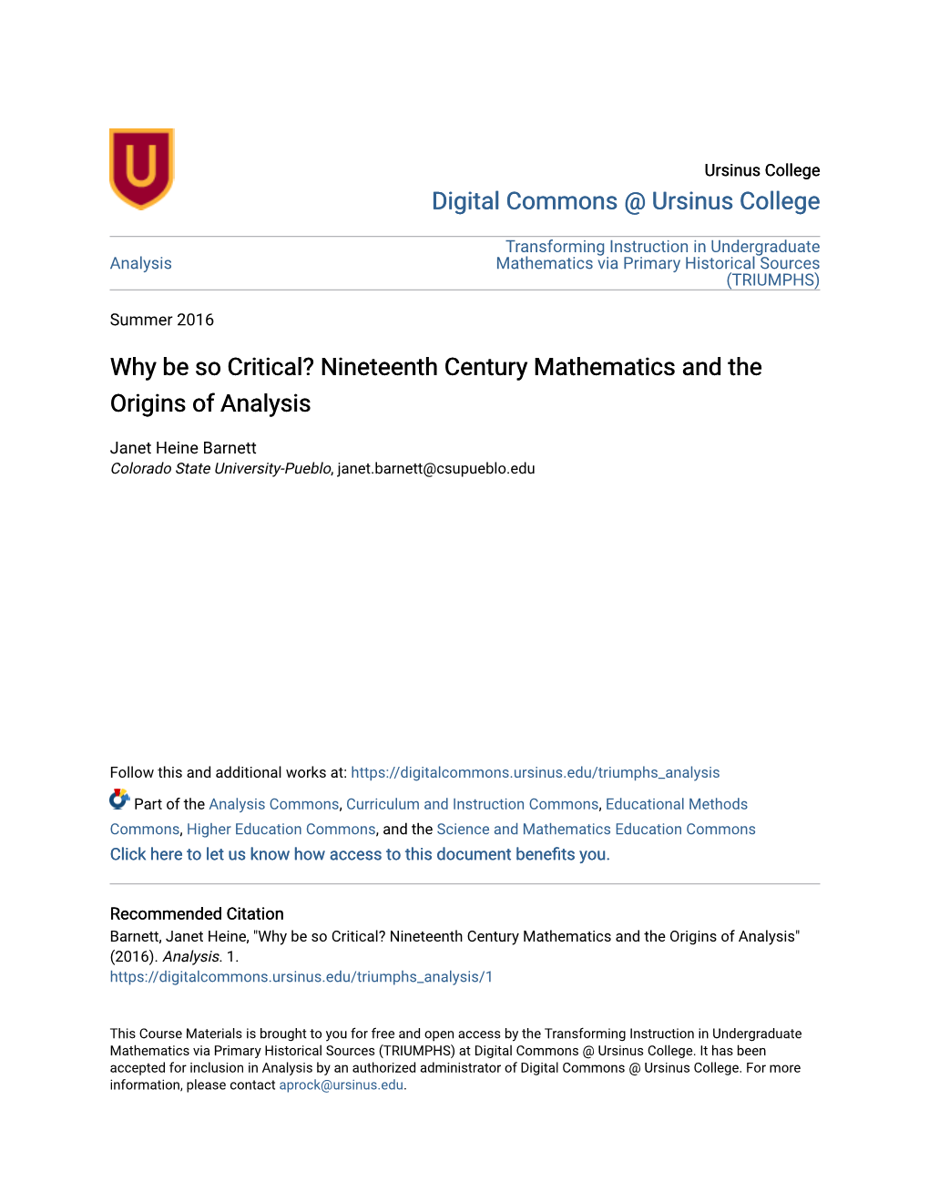 Nineteenth Century Mathematics and the Origins of Analysis