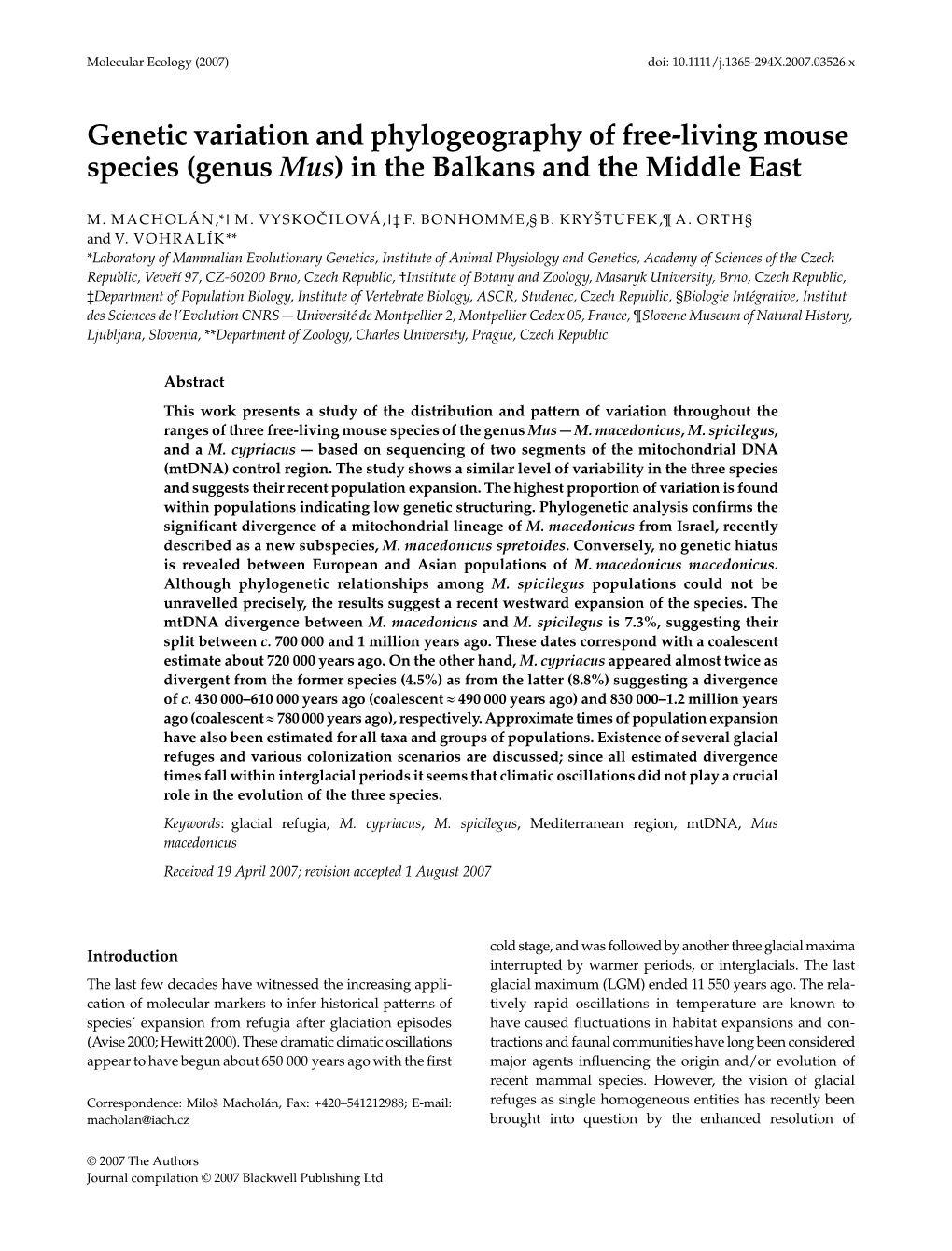 Genetic Variation and Phylogeography of Free-Living Mouse Species