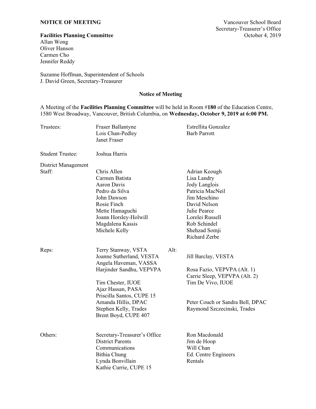 Facilities Planning Agenda October 9, 2019