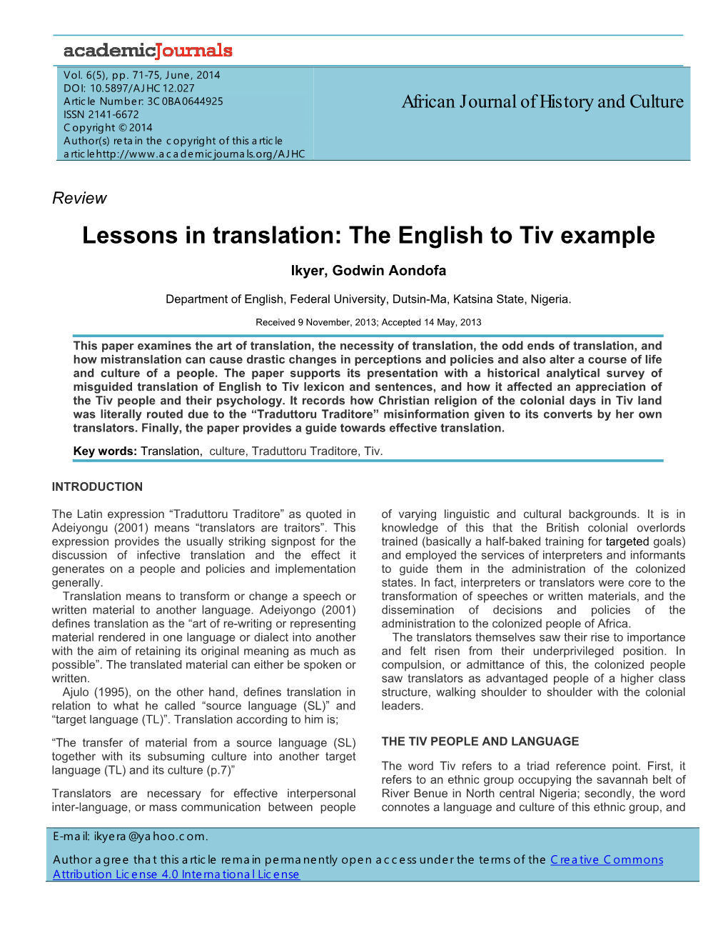 Lessons in Translation: the English to Tiv Example