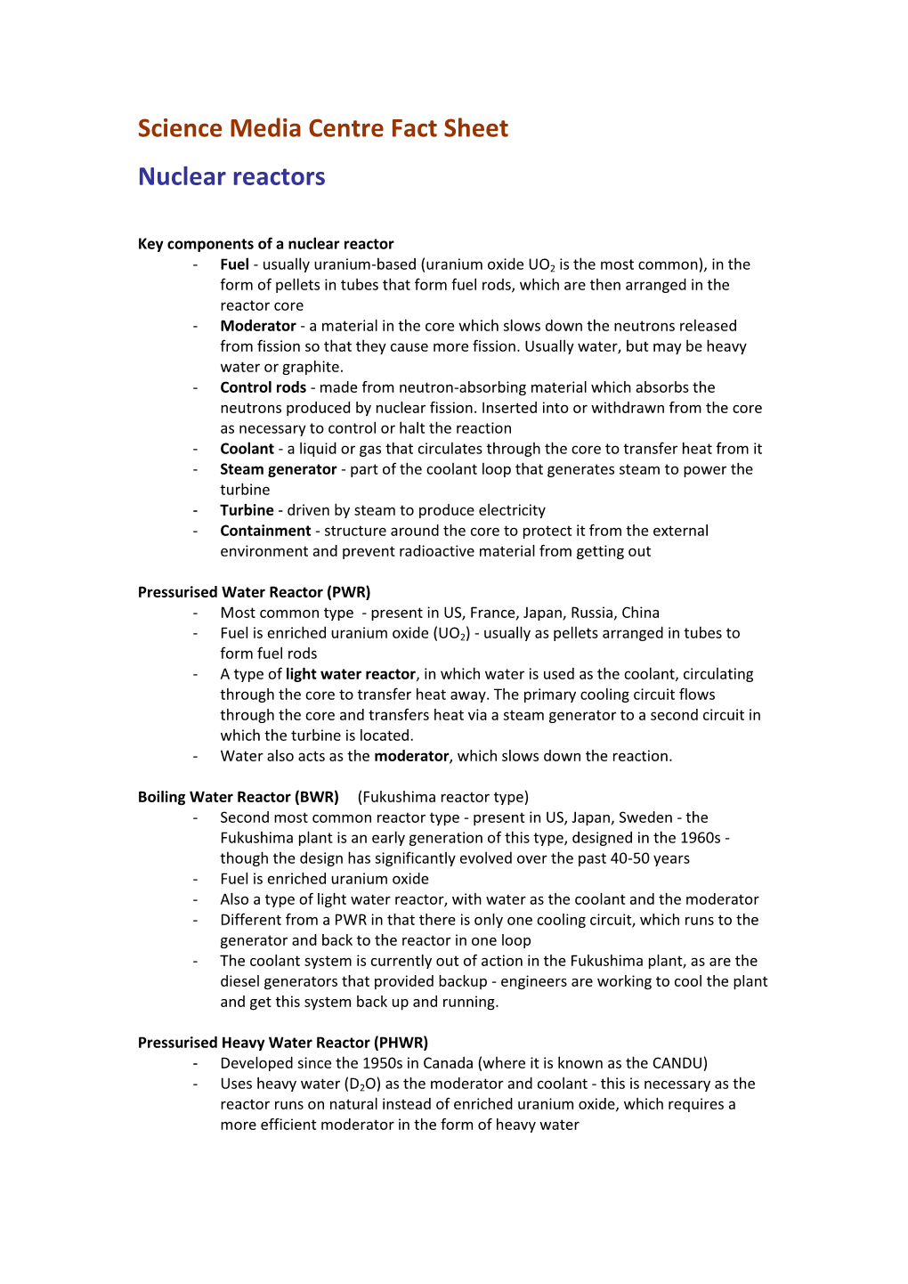 Science Media Centre Fact Sheet Nuclear Reactors