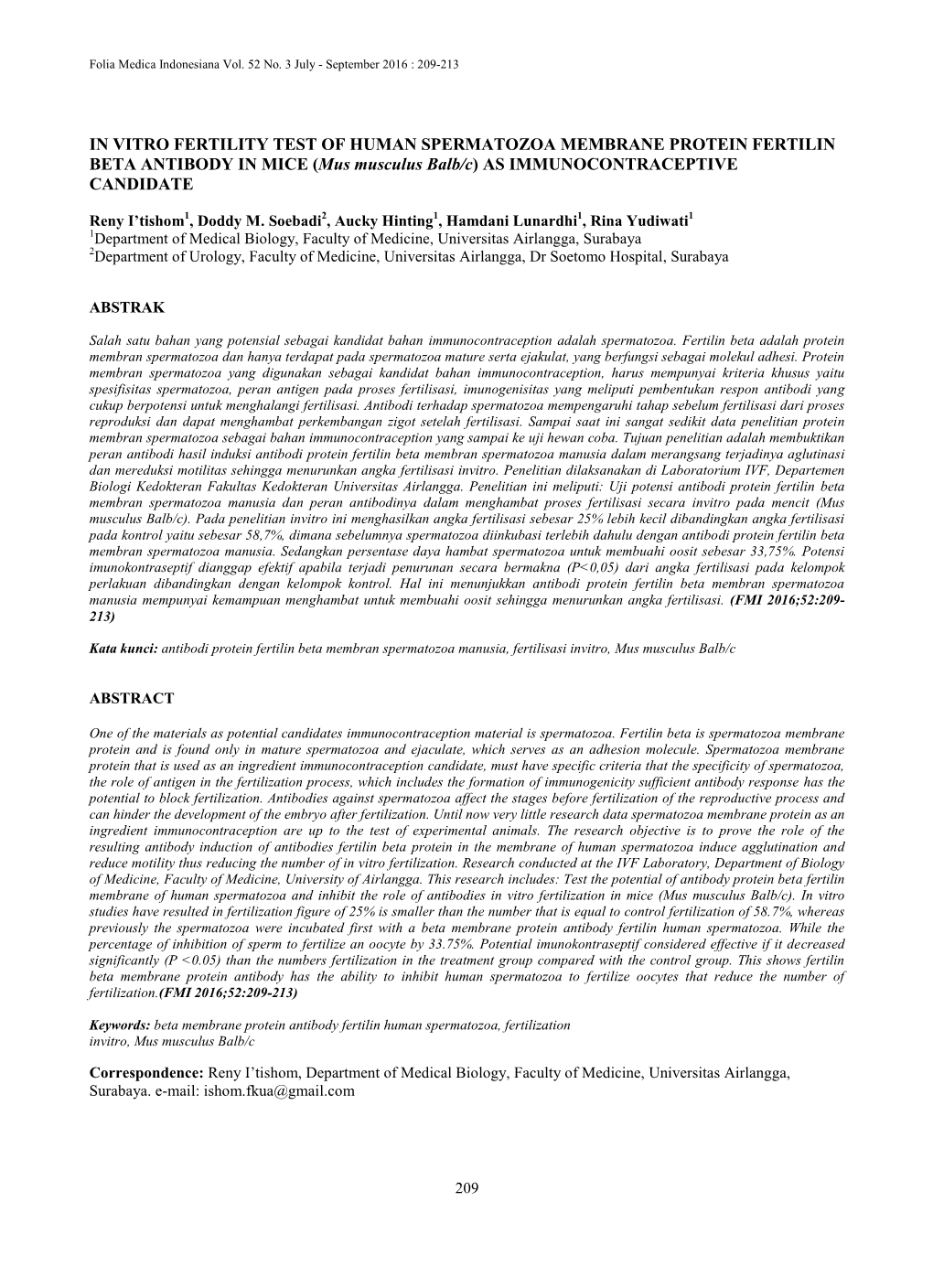 IN VITRO FERTILITY TEST of HUMAN SPERMATOZOA MEMBRANE PROTEIN FERTILIN BETA ANTIBODY in MICE (Mus Musculus Balb/C) AS IMMUNOCONTRACEPTIVE CANDIDATE