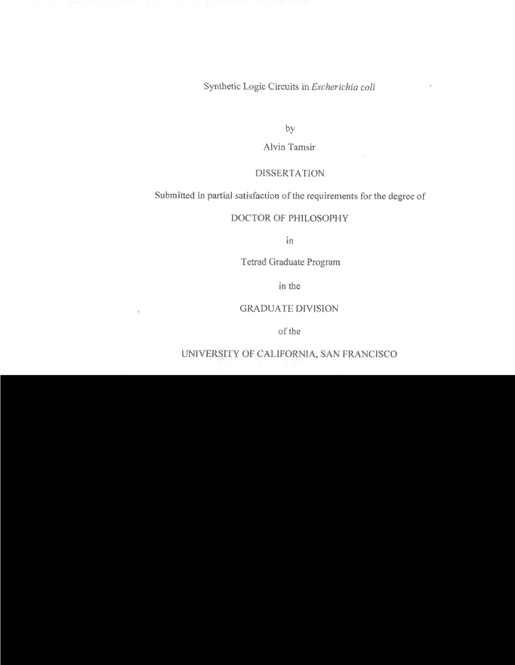 Synthetic Logic Circuits in Busker-Tchta Coii and Tasnsir DISSERTATION Dbmlttecl in Partial S&Ikfkction Uf Che Requirements