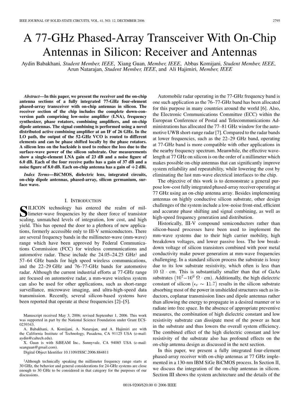 A 77-Ghz Phased-Array Transceiver with On-Chip Antennas in Silicon