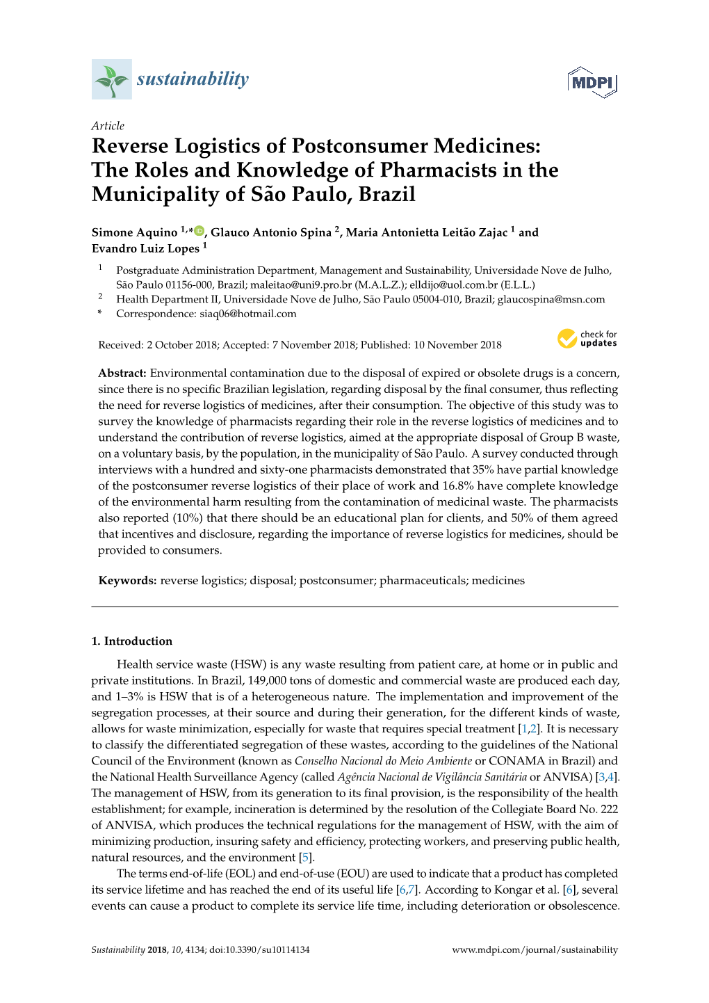 Reverse Logistics of Postconsumer Medicines: the Roles and Knowledge of Pharmacists in the Municipality of São Paulo, Brazil