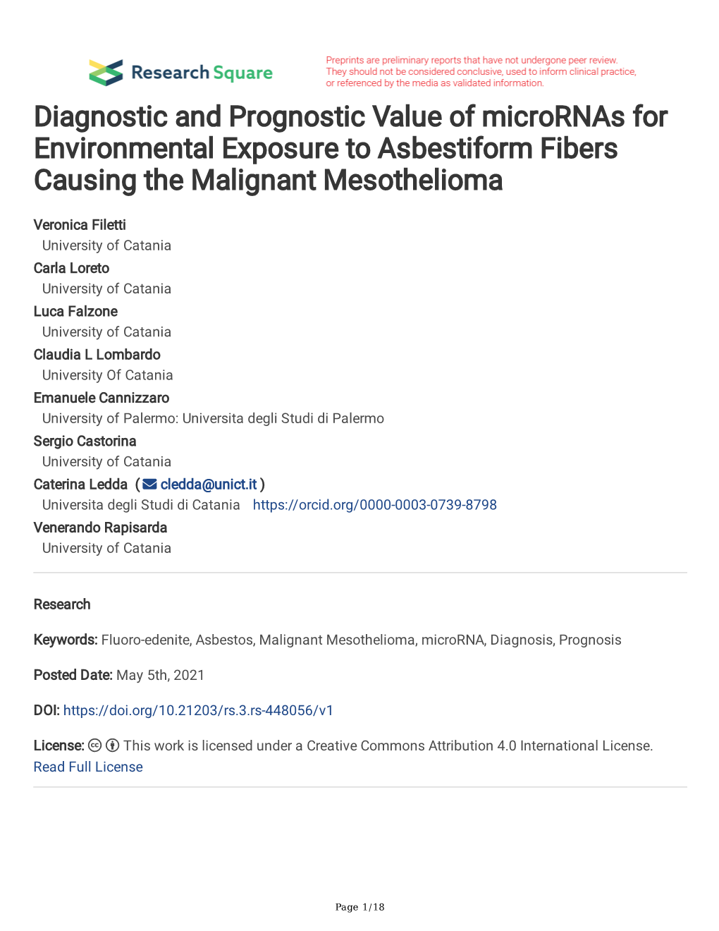 Diagnostic and Prognostic Value of Micrornas for Environmental Exposure to Asbestiform Fibers Causing the Malignant Mesothelioma