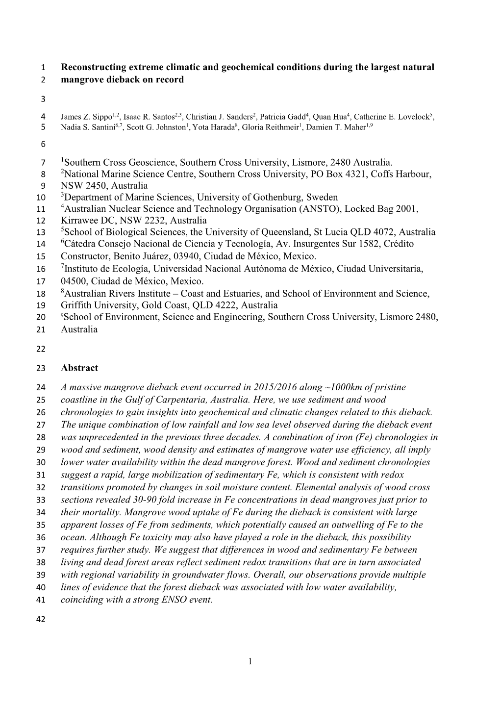 Reconstructing Extreme Climatic and Geochemical Conditions During the Largest Natural Mangrove Dieback on Record 1Southern Cros