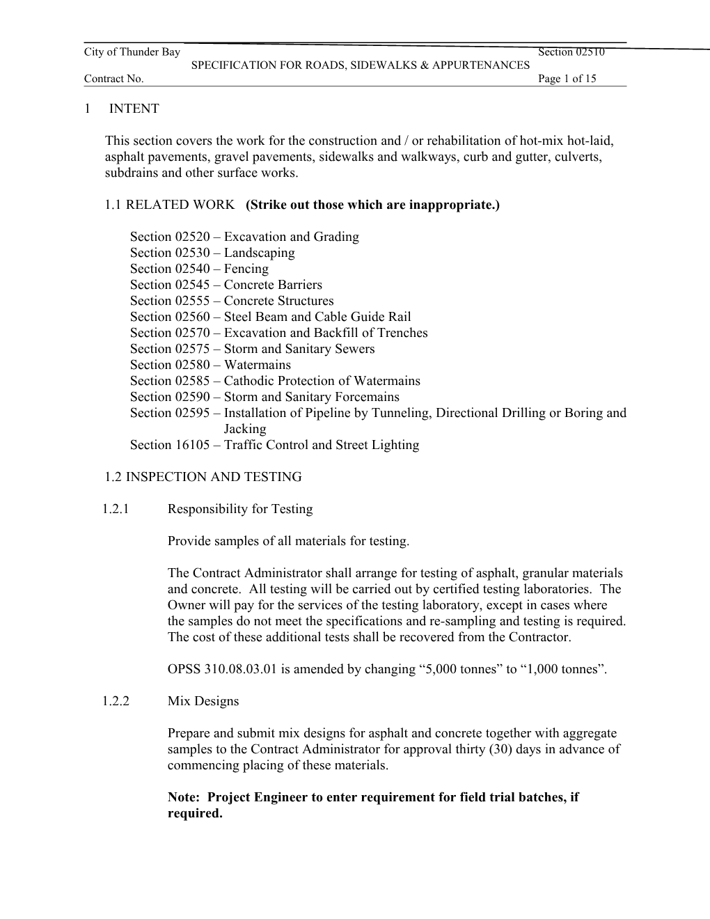 City of Thunder Bay Contract Documents Manual