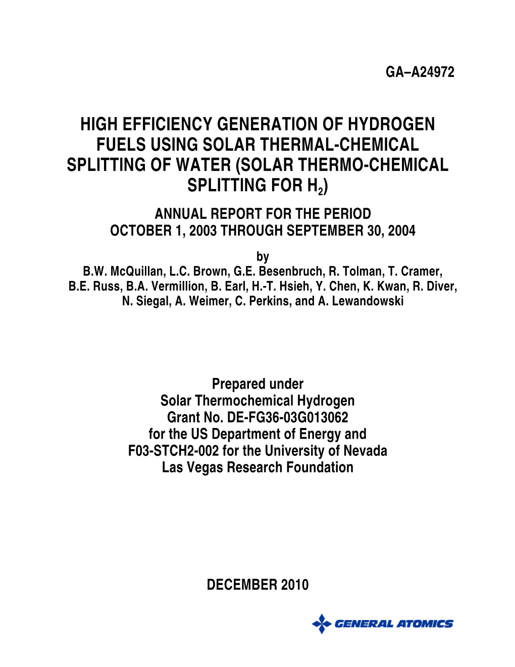 Solar Thermo-Chemical Splitting Fo