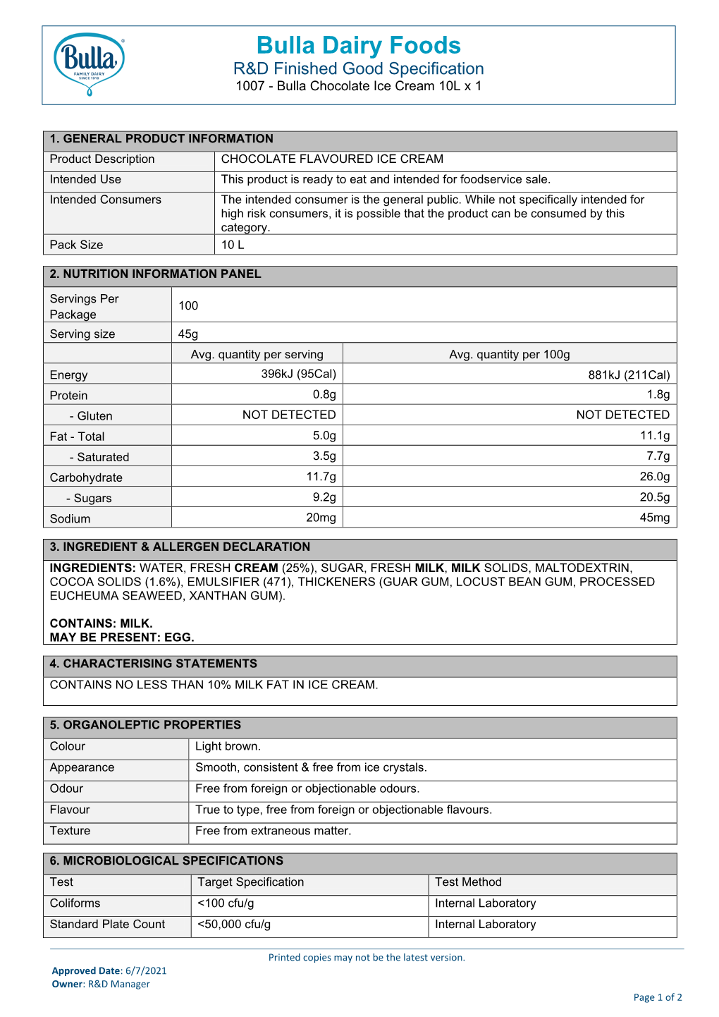 Bulla Dairy Foods R&D Finished Good Specification 1007 - Bulla Chocolate Ice Cream 10L X 1