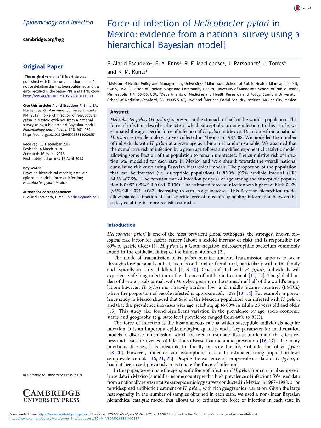 Force of Infection of Helicobacter Pylori in Mexico: Evidence from a National Survey Using a Cambridge.Org/Hyg Hierarchical Bayesian Model†