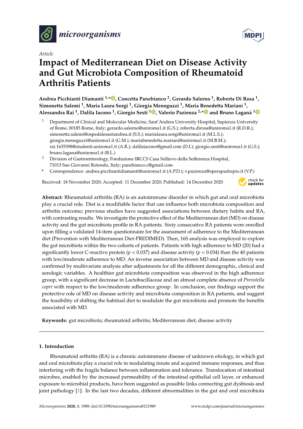 Impact of Mediterranean Diet on Disease Activity and Gut Microbiota Composition of Rheumatoid Arthritis Patients