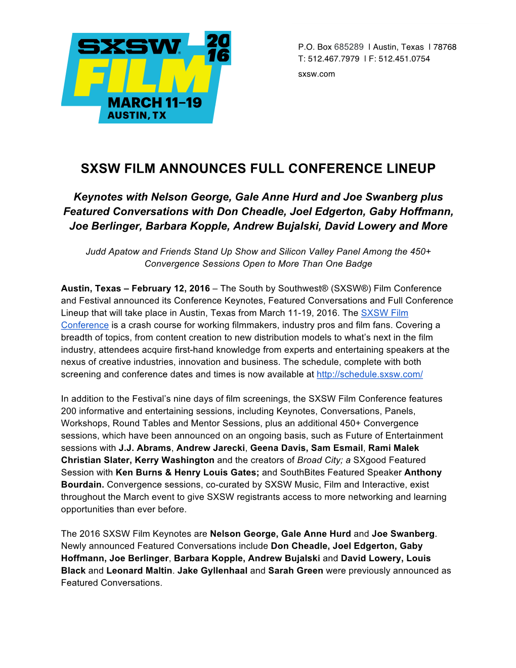 Sxsw Film Announces 2016 Full Conference Lineup Final