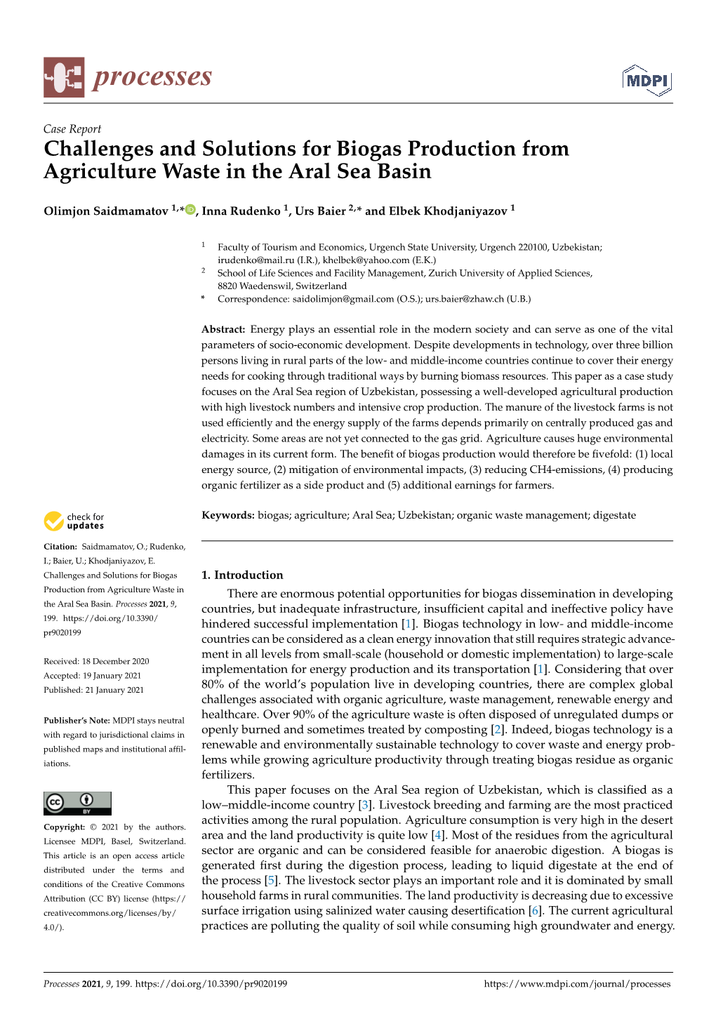 Challenges and Solutions for Biogas Production from Agriculture Waste in the Aral Sea Basin