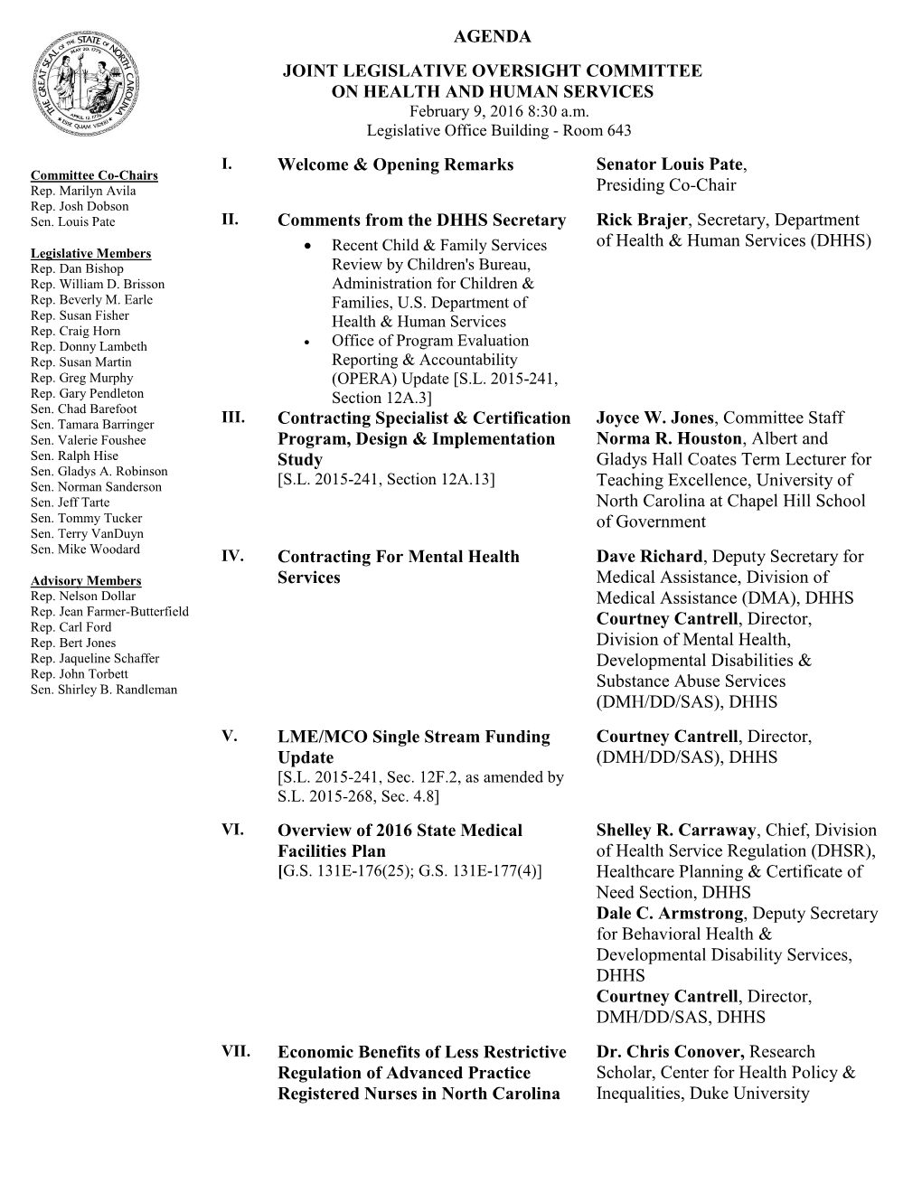 Agenda Joint Legislative Oversight Committee On