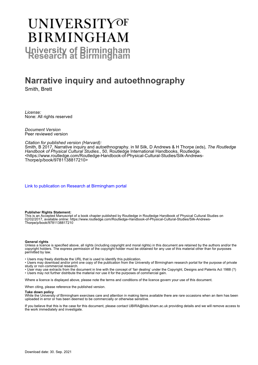 University of Birmingham Narrative Inquiry and Autoethnography