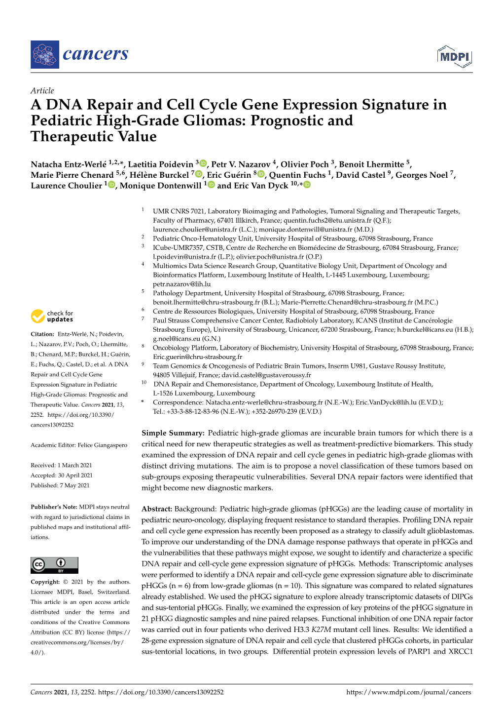 A DNA Repair and Cell Cycle Gene Expression Signature in Pediatric High-Grade Gliomas: Prognostic and Therapeutic Value