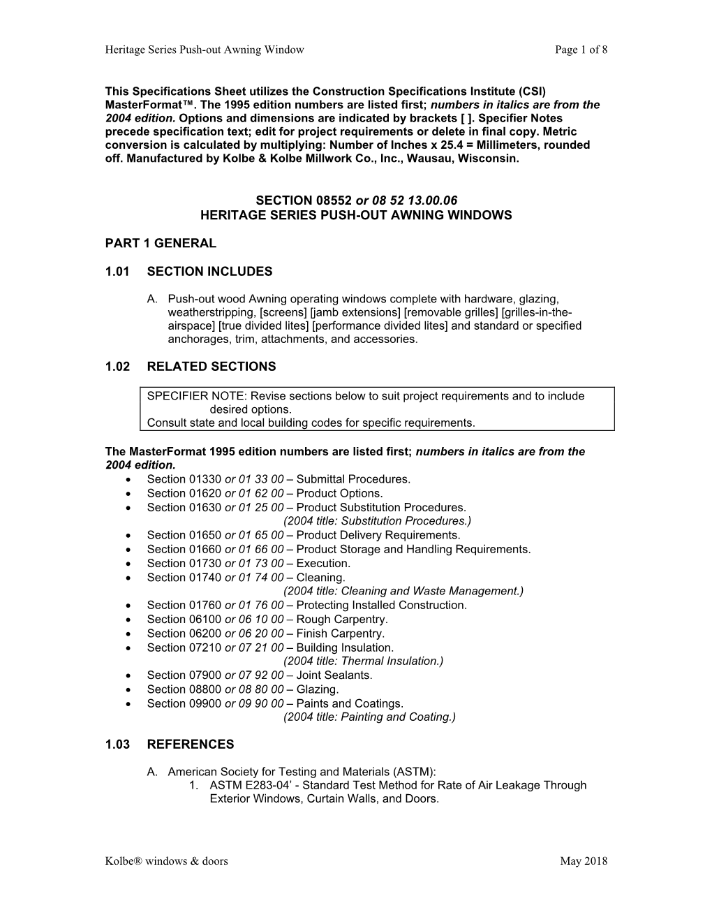 Heritage Push-Out Awnings CSI Specifications