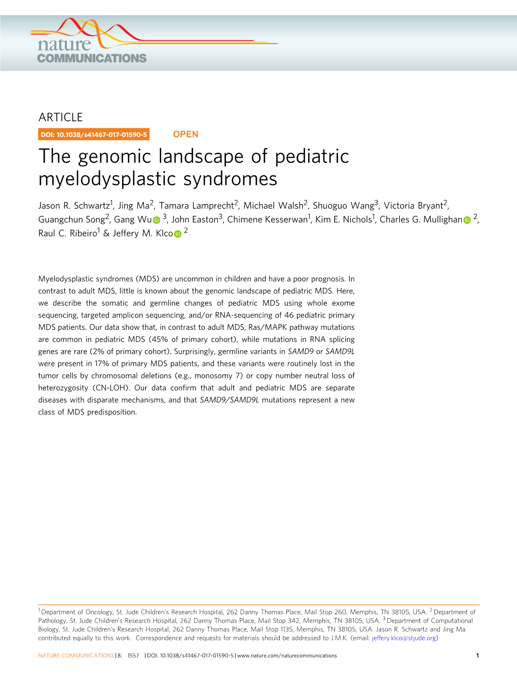 The Genomic Landscape of Pediatric Myelodysplastic Syndromes