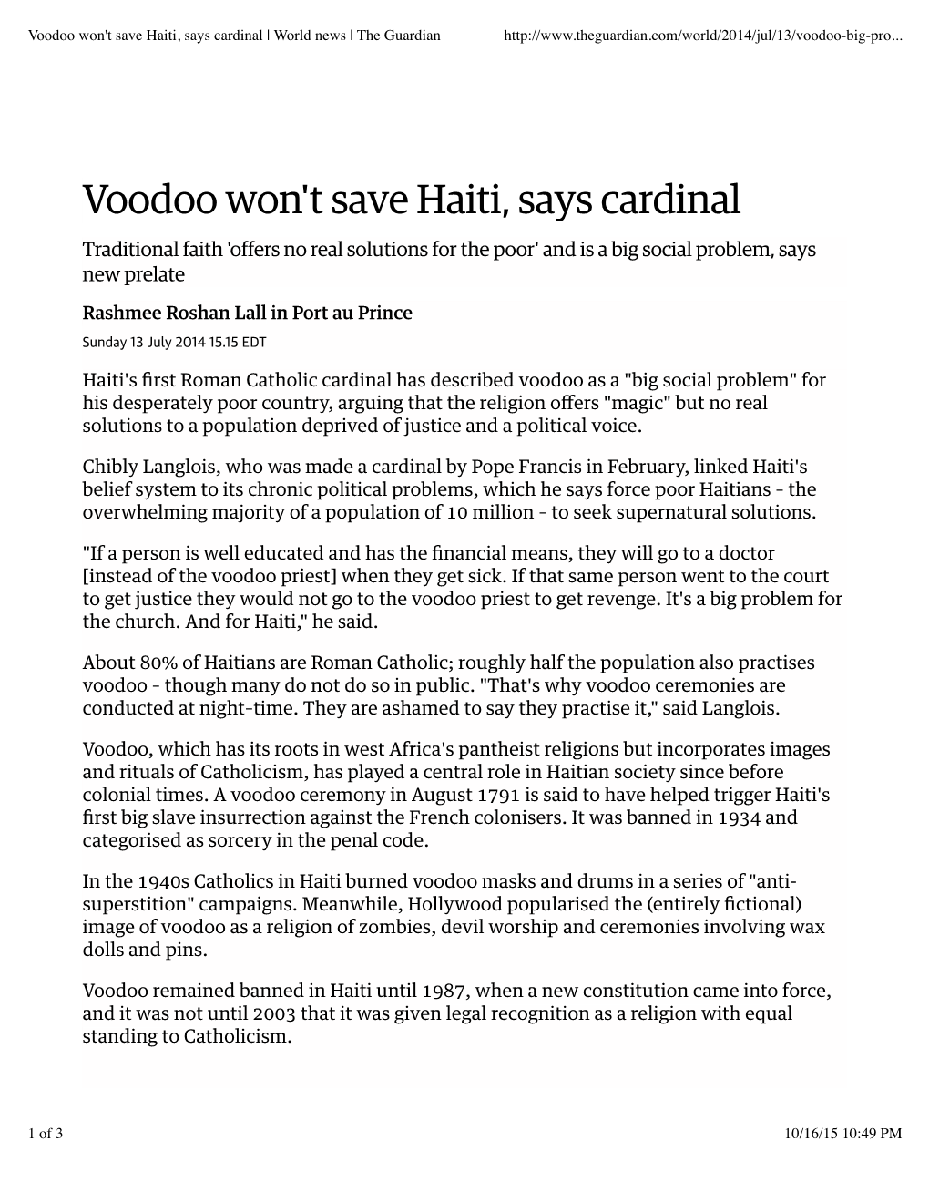 Voodoo Won't Save Haiti, Says Cardinal | World News | the Guardian