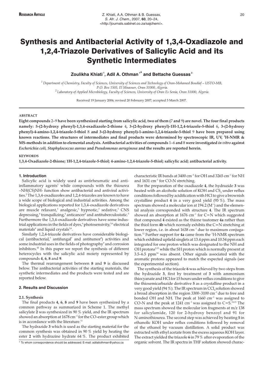 Synthesis and Antibacterial Activity of 1,3,4-Oxadiazole and 1,2,4-Triazole Derivatives of Salicylic Acid and Its Synthetic Intermediates