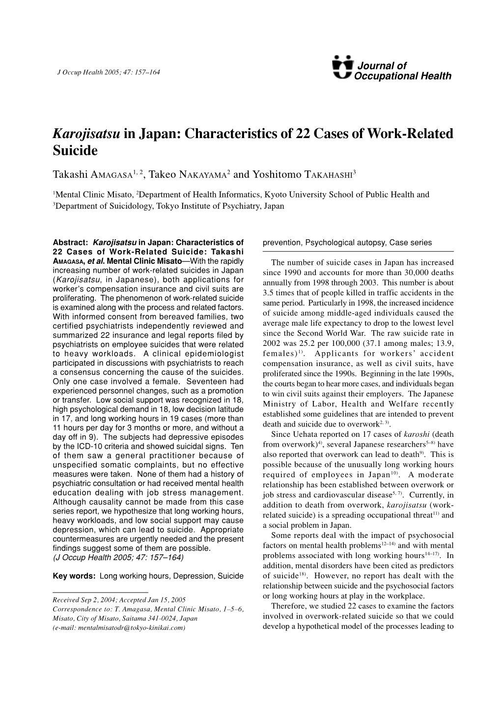 Karojisatsu in Japan: Characteristics of 22 Cases of Work-Related Suicide
