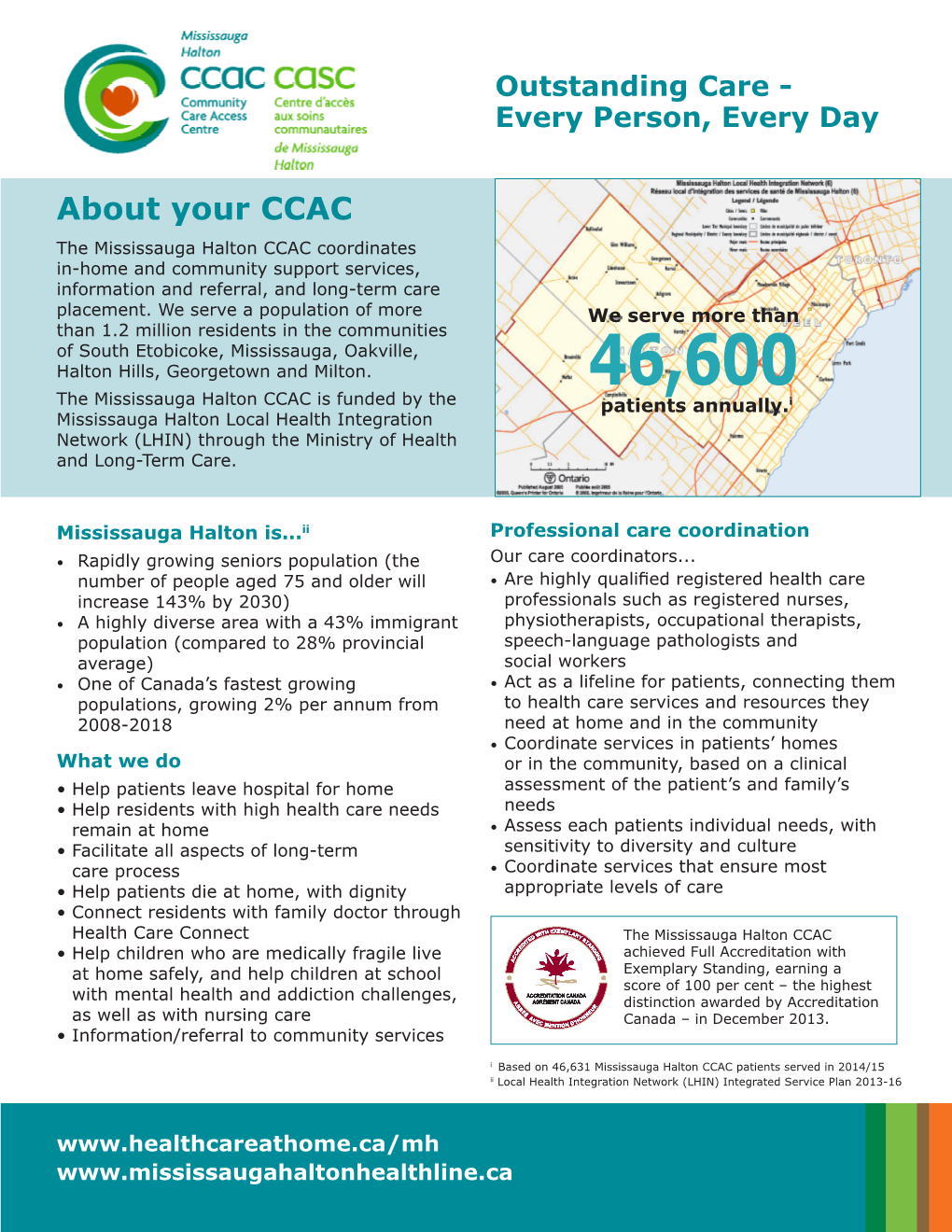 About Your CCAC the Mississauga Halton CCAC Coordinates In-Home and Community Support Services, Information and Referral, and Long-Term Care Placement